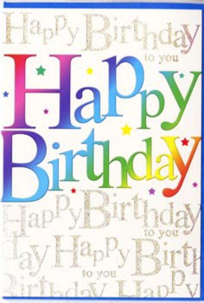 The image presents a vibrant birthday card whose design captures the feeling of walking into a room already filled with laughter somewhere off Brighton Road in Coulsdon. Centred on the card, the phrase Happy Birthday stretches confidently from edge to edge in large, rounded letters. Each letter holds a smooth wash of colour that gently shifts across the spectrum, from rich ruby reds and juicy tangerines to bright sunlit yellows, leaf greens, ocean blues, and velvety purples. The effect is similar to a rainbow ribbon or a hand-tied bouquet where every bloom is chosen to lift the next, like a florist balancing gerberas, roses, and chrysanthemums in a joyful birthday arrangement. Surrounding this central greeting, the background is a soft, warm white that seems to glow faintly, much like card stock resting near a window overlooking the greenery around Coulsdon. Over this light ground, a fine, looping script in metallic gold quietly repeats Happy Birthday to you again and again, the cursive letters trailing delicately across the surface in diagonal lines. The gold ink glints gently, suggesting movement whenever the card is turned, similar to how sunlight catches on a glass vase. Scattered across the design are tiny, colourful stars and dots in coordinating rainbow shades, as if a handful of confetti had been lightly tossed into the air and frozen mid-float. The overall finish appears satin-smooth with a subtle sheen, giving the impression of a premium greeting ready to accompany a freshly delivered bouquet for a celebration at home or a small gathering near Coulsdon South station. The card's combination of vivid colour, soft metallic accents, and flowing script makes it feel both festive and sincerely warm, ideal for marking a milestone birthday with genuine delight.