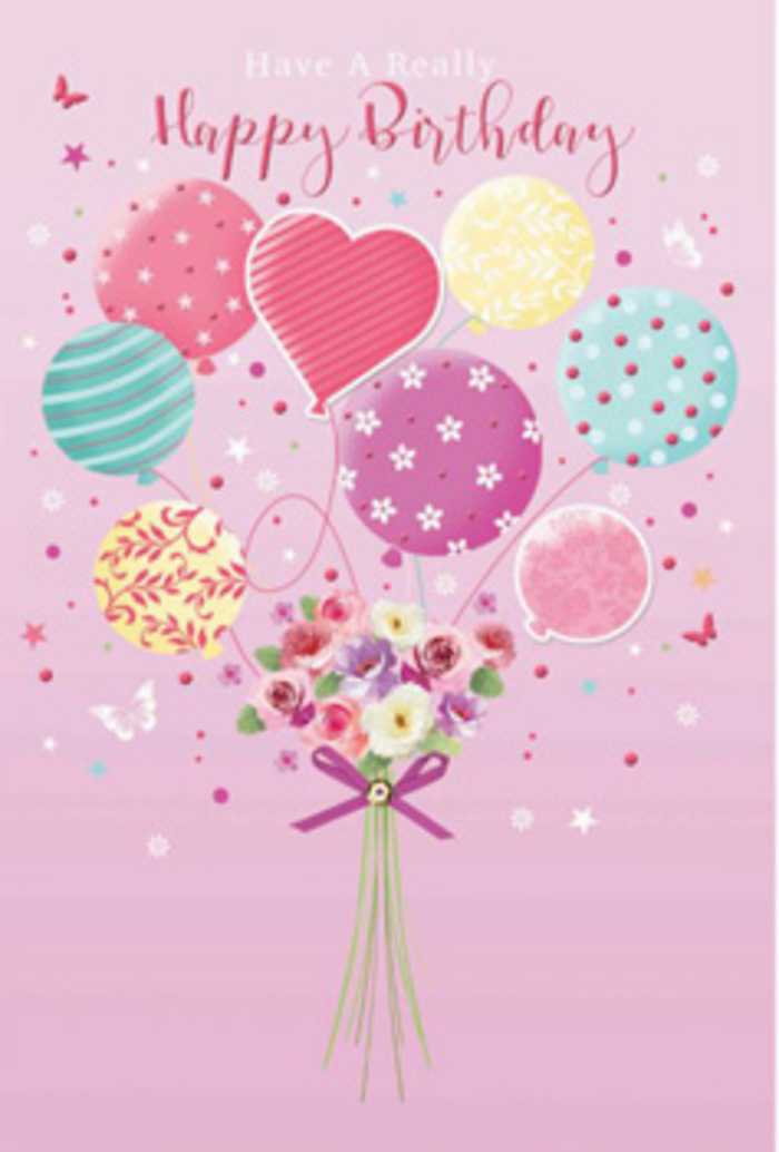 This illustrated birthday card design portrays a floating garden of balloons and blooms, radiating a quiet joy that would suit any celebration in and around Coulsdon. The background is a calm, powdery pink, softly textured like handmade paper, giving the impression of warmth and care. From the lower centre, a hand-tied bouquet gathers together petite roses and daisy-inspired flowers, their petals gently cupped and full, shaded from creamy white at the edges to deeper rose tones near the centre. Each blossom is set close to its neighbour, forming a rounded, abundant cluster that looks freshly arranged, the kind of neat yet natural style a local florist would craft for a special birthday delivery off Brighton Road or Chipstead Valley Road. The stems are drawn together by a shimmering purple bow, the satin ribbon folded into precise loops and trailing ends that curve like gentle brushstrokes. Rising from the bouquet, slender balloon strings stretch upwards and disappear into a sky of pastel balloons. These balloons are rounded, plump, and softly lit, featuring candy-stripe bands, sprinkled polka dots, and tiny floral accents. Colour drifts across them in pale sunshine yellow, rosy fuchsia tints, and misty lavender hues, blending in a way that feels both playful and refined. A heart-shaped balloon near the centre suggests affection and closeness, turning the whole piece into a subtle message of love as much as congratulations. Around the bouquet and balloons, you can see small, whimsical butterflies and star-like sparkles, hinting at movement, as though a gentle Coulsdon breeze might be nudging everything upwards, lifting the birthday wish high above the local streets.