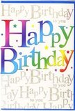 This colourful birthday card radiates the same excitement as a surprise party just starting in a Coulsdon living room, with the central message Happy Birthday bursting across the front in joyful, oversized letters. Each character is filled with a velvety gradient that drifts from deep cherry and raspberry through marmalade orange and golden yellow, then into fresh grass green, turquoise, and rich midnight blue, finally brushing into plum and violet. The transition between tones is seamless, evoking the carefully layered shades of a celebratory arrangement of mixed blooms ready for delivery to a home near Coulsdon's High Street. The backdrop is a calm, creamy white, serving as a quiet stage for the colour and shimmer layered on top. A fine, elegant script in metallic gold sweeps diagonally across the card, repeating the phrase Happy Birthday to you in gentle, looping handwriting. This gold lettering catches the light with a subtle sparkle, rather like the glint of foil wrapping or a polished vase on a birthday table. Delicate star shapes and tiny dots in matching rainbow hues hover around the central words, suggesting confetti in mid-air or the playful scatter of table sprinkles at a birthday tea. The finish looks smooth to the touch with a slight gloss, hinting at a card that feels as luxurious as it appears. Overall, the design blends bold, modern colour with refined detailing, making it the perfect partner to a cheerful bouquet delivered locally, whether celebrating a quiet evening near Coulsdon Common or a lively family gathering closer to Chipstead Valley Road.