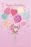 A whimsical birthday scene unfolds on a rosy pink background, where flowers and balloons come together to create a floating celebration that feels right at home in Coulsdon. At the base of the composition, a compact hand-tied bouquet overflows with delicate roses and anemone-like blossoms, their petals layered and soft. Shades of ivory, blush, and muted mauve melt into one another, suggesting the comforting sweetness of freshly opened blooms, like those you might see in a local front garden near Coulsdon Common. The florist's touch is evident in the careful way each flower tucks into the next, forming a rounded, balanced cluster. A violet satin bow secures the stems, its rich purple tone and polished sheen adding a little note of luxury and ceremony. From this anchor of flowers, slender ribbons and strings lead the eye upward towards a flurry of pastel balloons, as though the bouquet itself is light enough to float. The balloons vary in size and pattern: some swirl with candy-coloured stripes, others are dappled with playful spots, and a standout heart-shaped balloon glows warmly at the centre. Colours stay within a soft, joyful palette-pinks, sea greens, buttery yellows, and gentle lilacs-each balloon catching the light so that small highlights glint across their rounded surfaces. Tiny stars and fluttering butterflies are scattered through the upper part of the image, adding a sense of magic, as if birthday wishes were drifting into the air above the rooftops. The overall mood is airy, sweet, and light, like the moment a birthday surprise is unveiled.
